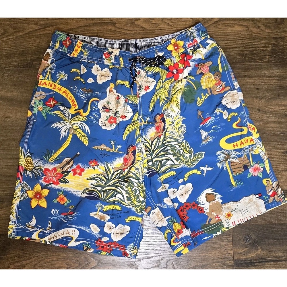 Tommy Hilfiger Men Size M Blue Hawaiian Tiki Lined Draw String Swim Beach Shorts